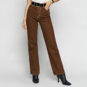 Cowboy High Rise Straight Brown Reformation Jeans with White Embroidery